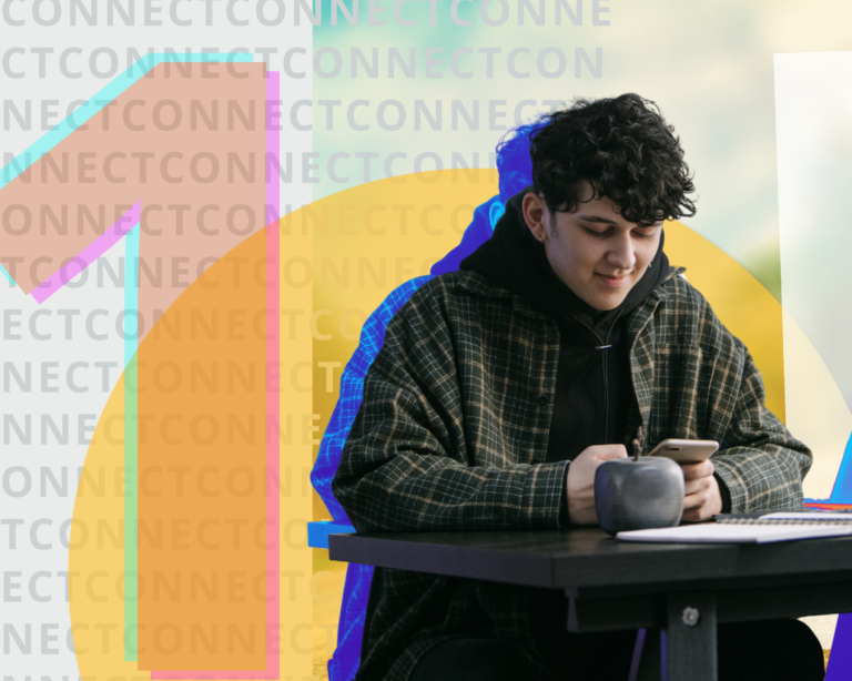 Step 1 Connect. Smiling young man texting on phone.