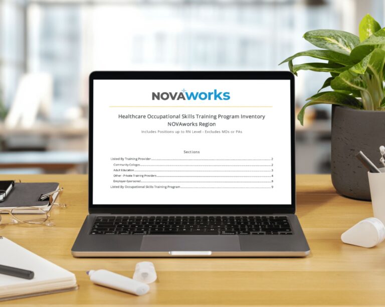 Laptop on a desk showing NOVAworks' Healthcare Occupational Skills Training Program Inventory document on the screen